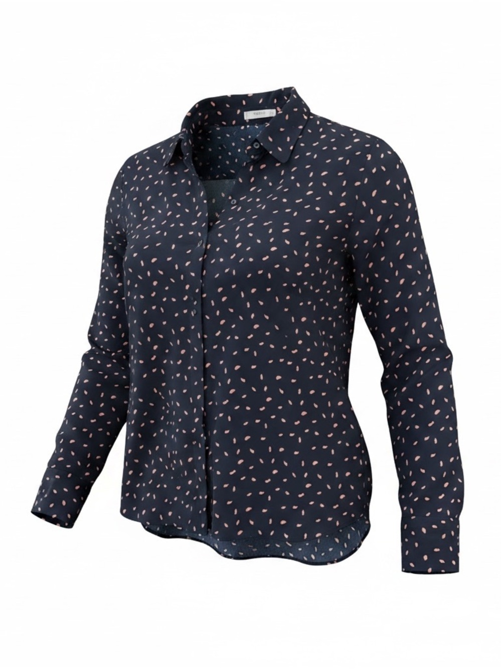 Ladies Mango size 10 long sleeve button down silk shirt. Navy and pink